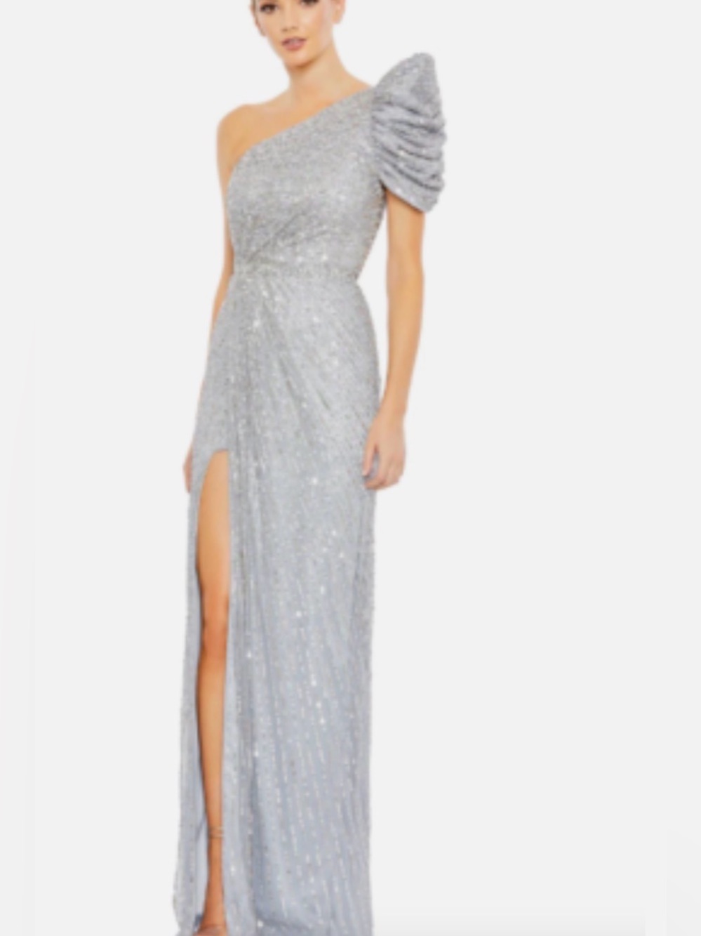 MAC DUGGAL One-Shoulder Silver Sequin Evening Gown